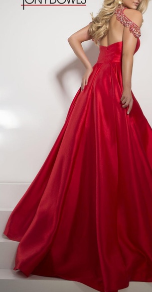 Tony Bowls Red Pageant prom dress gown overskirt